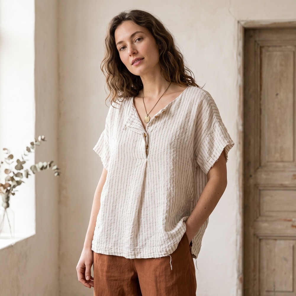 Poetry Womens Top 12 Beige Striped Linen Henley Short Sleeve Coastal Boho